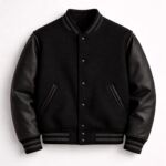 Men varsity jacket wool and leather classic letterman style front view