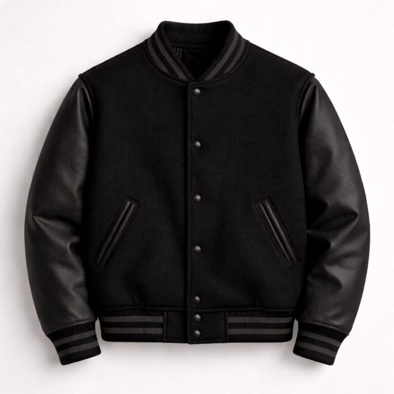 Men varsity jacket wool and leather classic letterman style front view