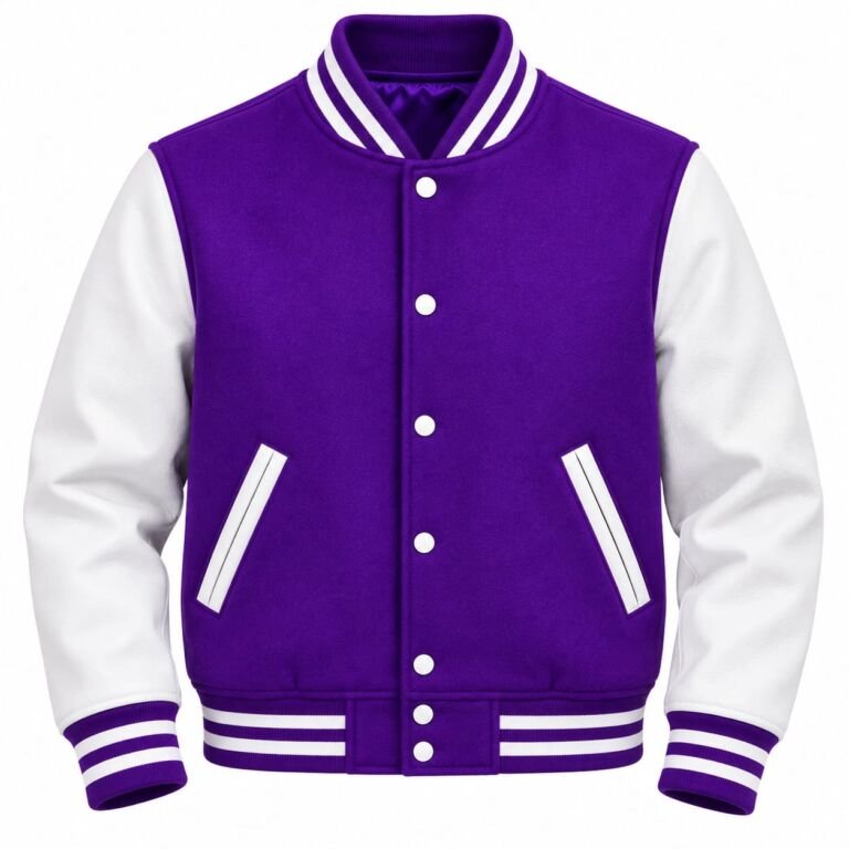Purple and white varsity jacket with striped collar, cuffs and waistband