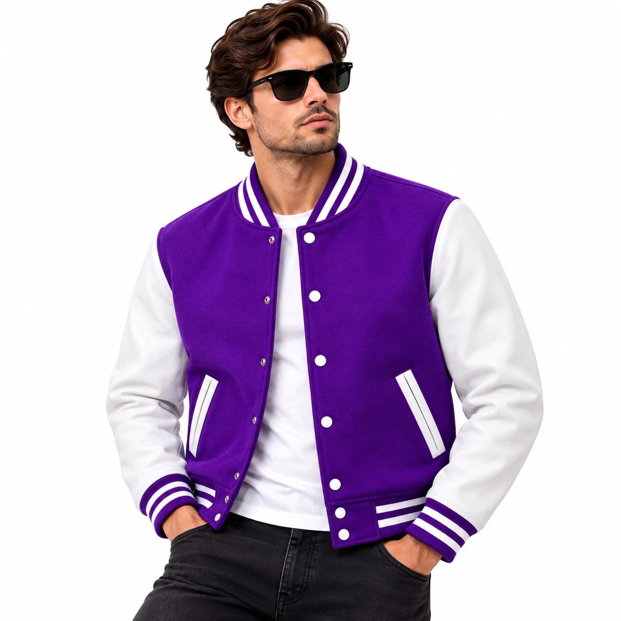 Purple and white varsity jacket with striped collar, cuffs and waistband