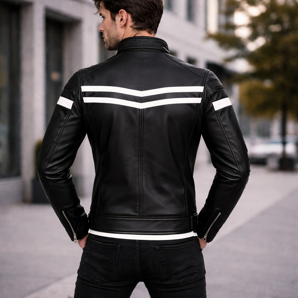 Premium Black Racing Leather Jacket with White Stripe Detailing - Image 3