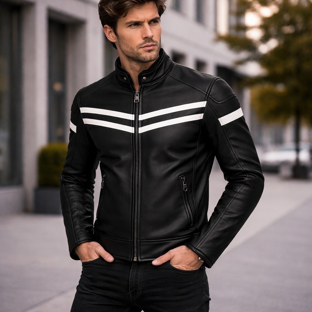 Premium Black Racing Leather Jacket with White Stripe Detailing