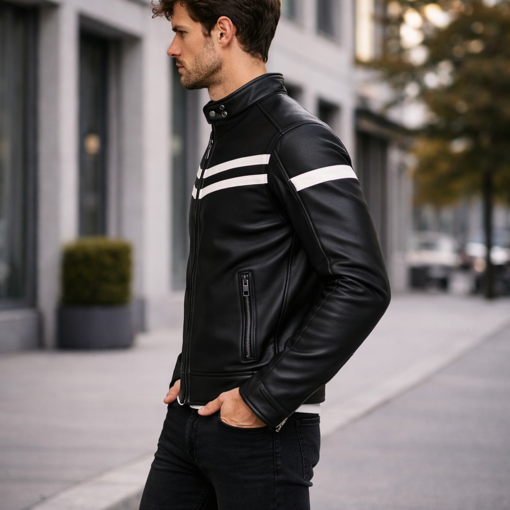 Premium Black Racing Leather Jacket with White Stripe Detailing - Image 5