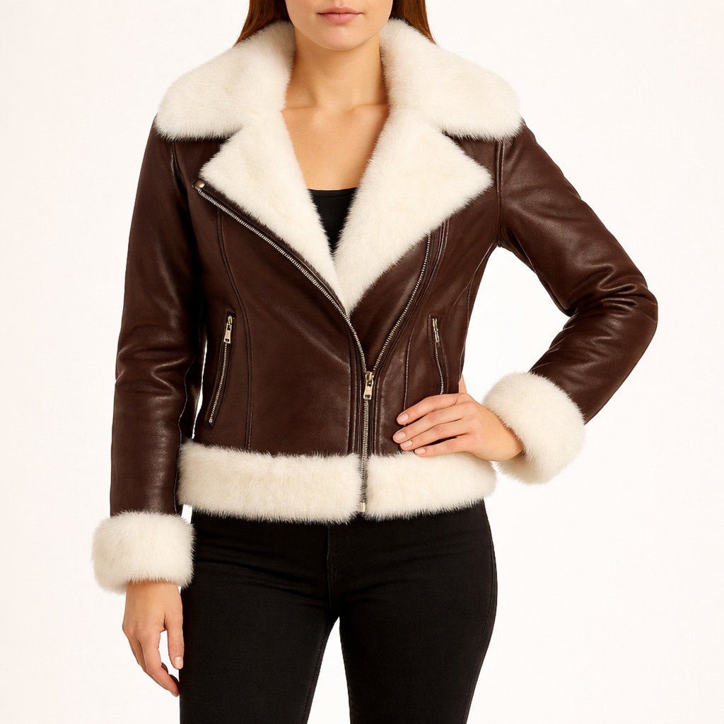 Premium Women Brown Shearling Biker Leather Jacket – Export Quality