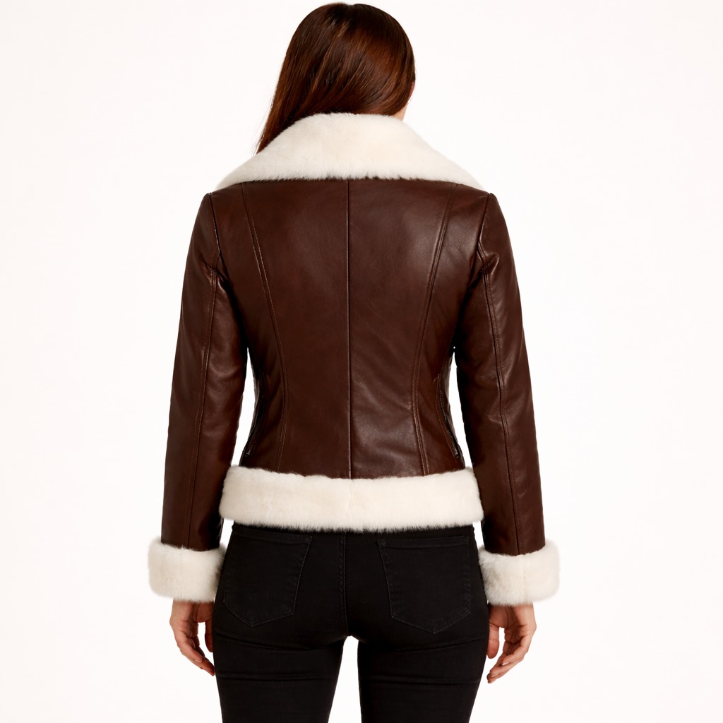 Premium Women Brown Shearling Biker Leather Jacket – Export Quality - Image 4