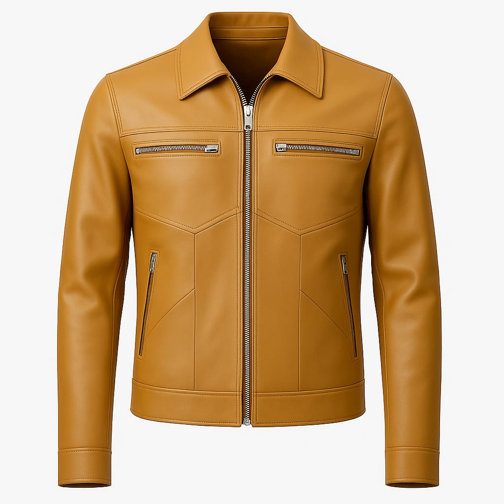 Men Tan Casual Zip Leather Jacket – Modern Minimal Design