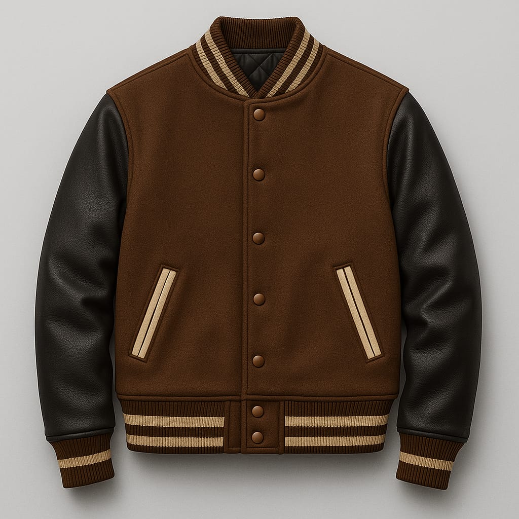 Men Brown & Black Varsity Leather Jacket