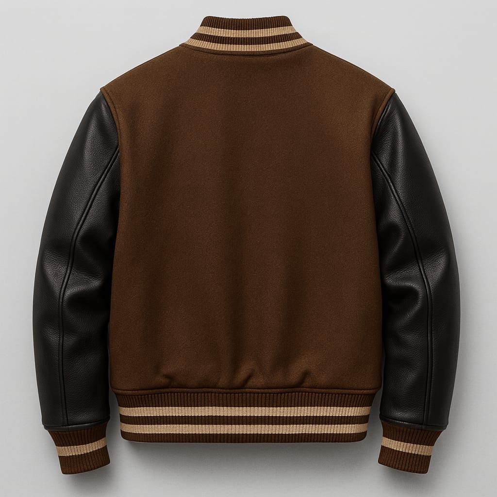 Men Brown & Black Varsity Leather Jacket - Image 2