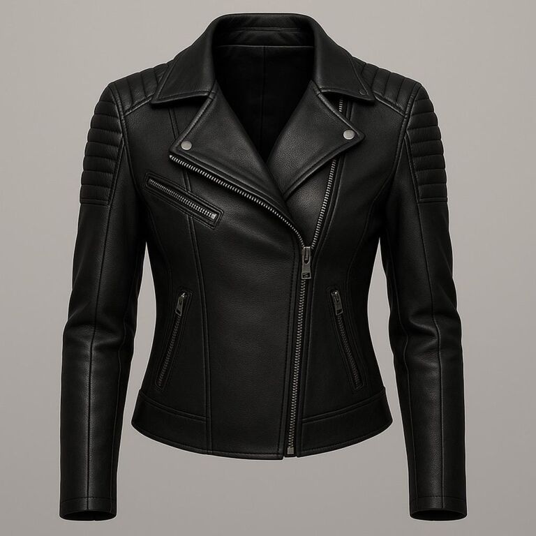 Women’s black biker leather jacket with asymmetrical zipper and quilted shoulder detailing