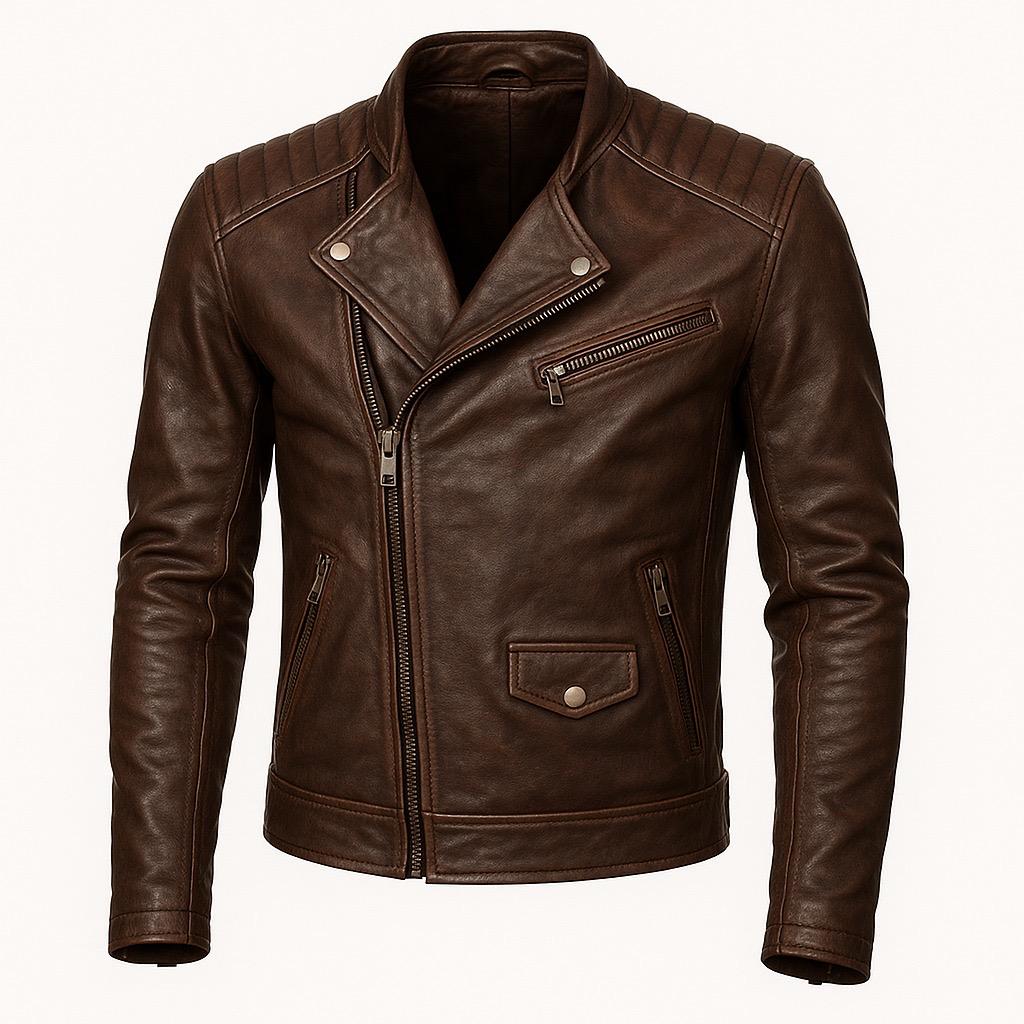 Men’s vintage brown leather biker jacket with asymmetrical zipper and quilted shoulders