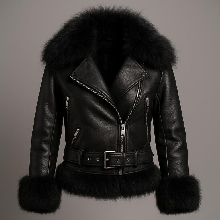 Women’s black leather biker jacket with oversized fur collar, belted waist and fur cuffs