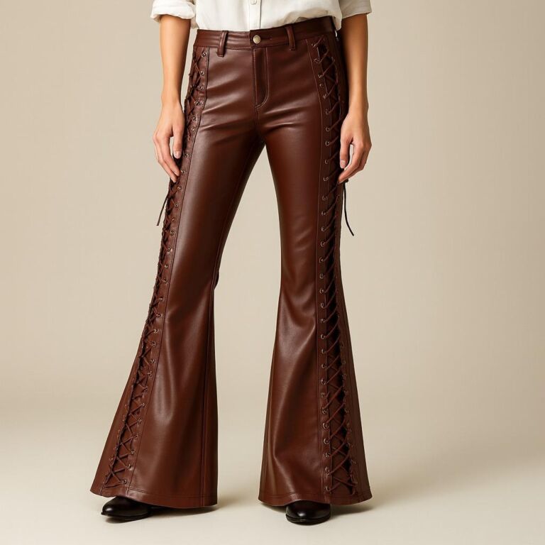 Women’s brown leather flared pants with side lace-up detailing and high waist fit