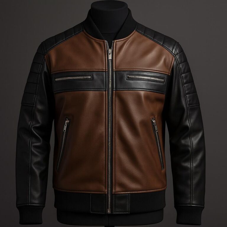 Men’s brown and black two-tone leather bomber jacket with ribbed cuffs and front zip