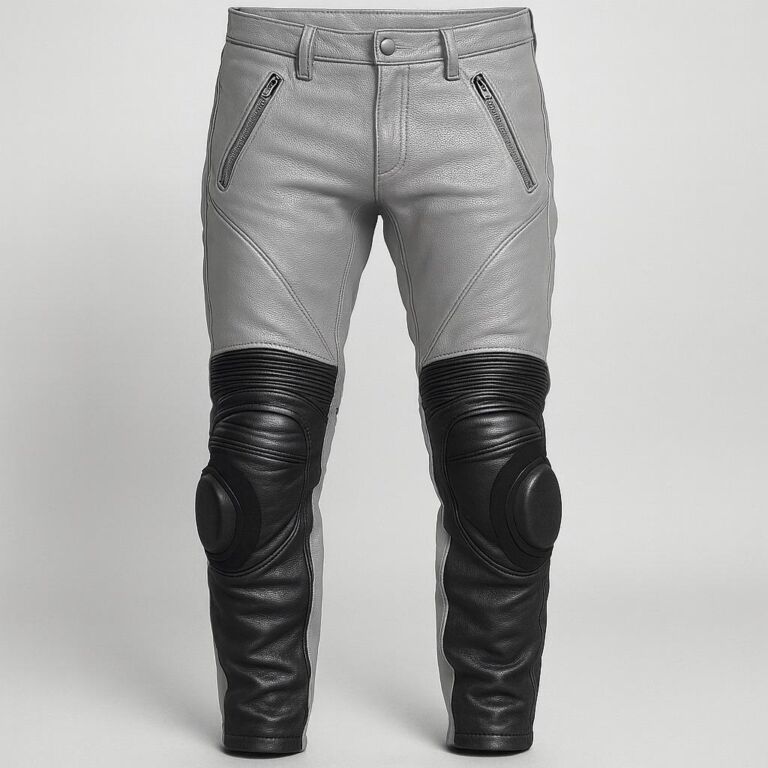 Men’s grey leather biker pants with black knee panels and protective paddings