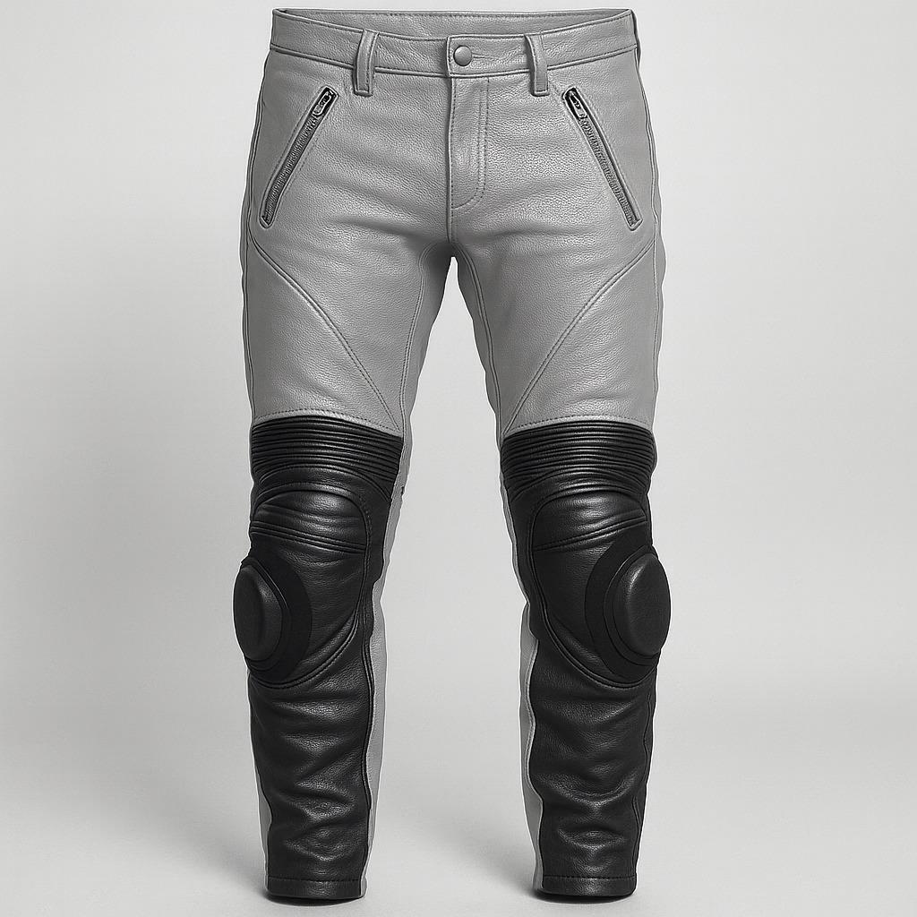 Men’s grey leather biker pants with black knee panels and protective paddings