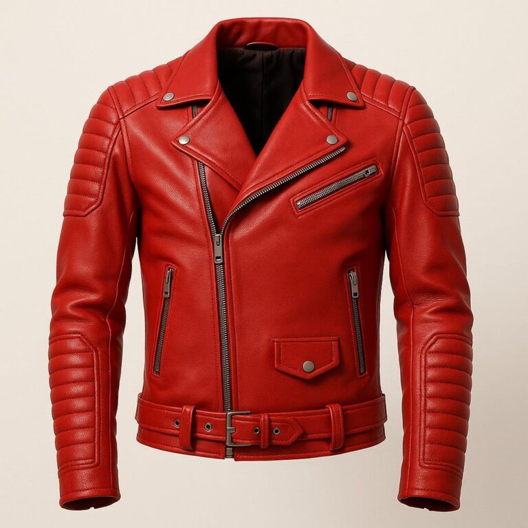 Men’s red biker leather jacket with quilted sleeves and waist belt
