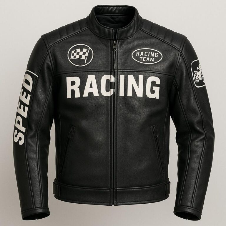 Men’s black racing leather jacket with printed logos and front zip closure
