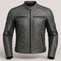 Men’s grey leather cafe racer jacket with quilted shoulders and zip pockets