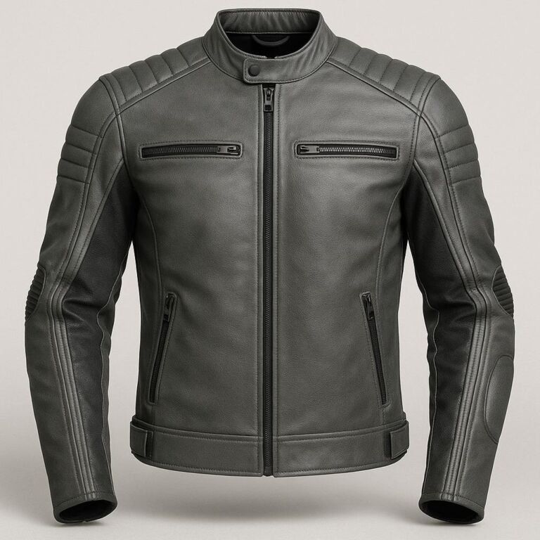 Men’s grey leather cafe racer jacket with quilted shoulders and zip pockets