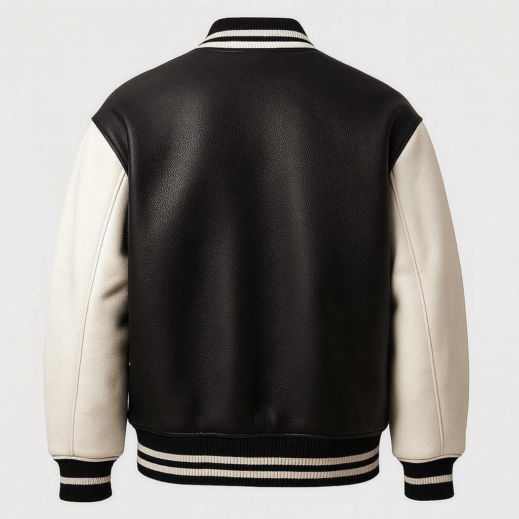 Premium black and white leather varsity jacket with striped ribbed collar, cuffs, and hem. - Image 2