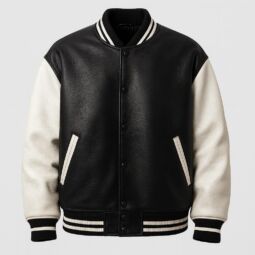 Black and white leather varsity jacket with ribbed striped collar and snap button closure