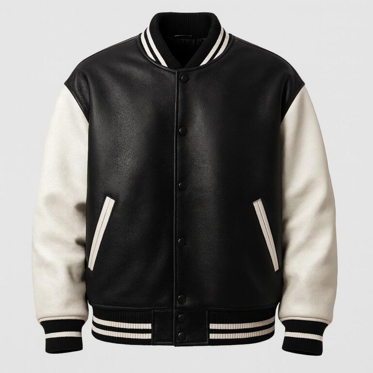 Black and white leather varsity jacket with ribbed striped collar and snap button closure