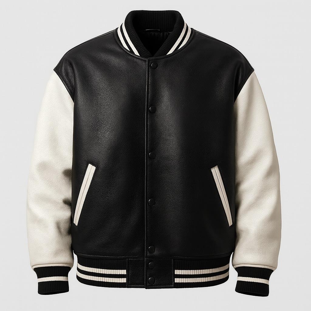 Black and white leather varsity jacket with ribbed striped collar and snap button closure