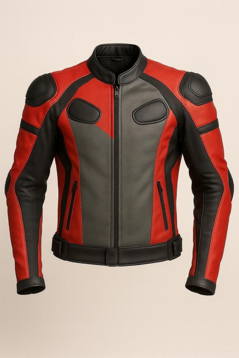 Men’s red and black motorcycle leather jacket with shoulder armor and front zip closure