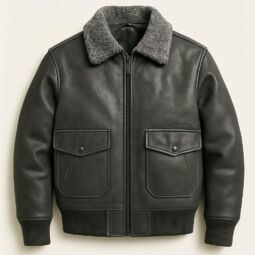 Men’s black leather bomber jacket with grey wool collar and front zip closure
