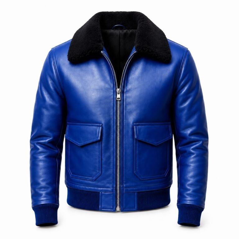 Royal Blue Leather Bomber Jacket with Black Shearling Collar for Men, Genuine Leather Flight Jacket, Front View, Ribbed Cuffs and Hem, Zip Closure, Flap Pockets