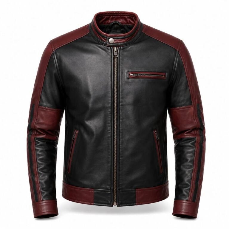 Alt Text: Premium Black & Maroon Racing Leather Jacket for Men, Genuine Leather Motorcycle Jacket, Stand Collar, Front Zipper, Chest Zip Pocket, Slim Fit Biker Jacket,