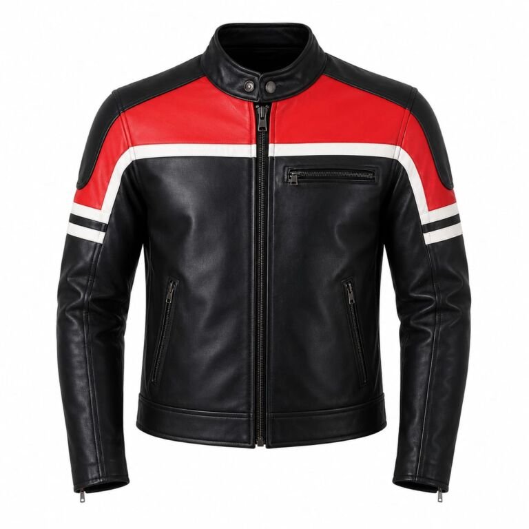 Black Red Cafe Racer Leather Jacket Front View | Premium Genuine Leather Motorcycle Jacket by Zentro Leather