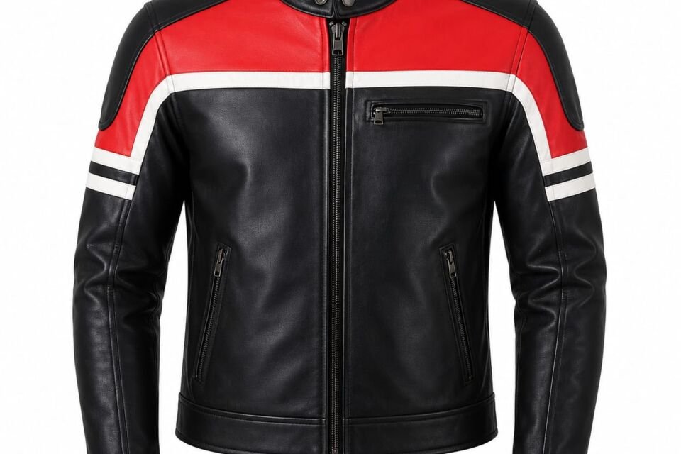 Black Red Cafe Racer Leather Jacket Front View | Premium Genuine Leather Motorcycle Jacket by Zentro Leather