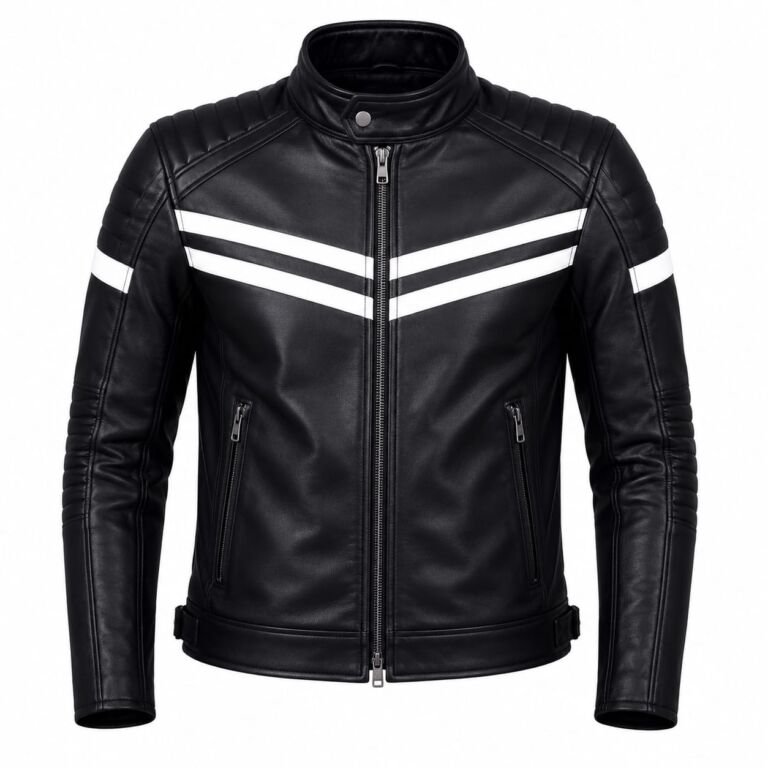 Black Leather Biker Jacket for Men with White Racing Stripes, Stand Collar, Quilted Shoulders, Front Zip Closure, Premium Motorcycle Style, Studio Product Image on White Background