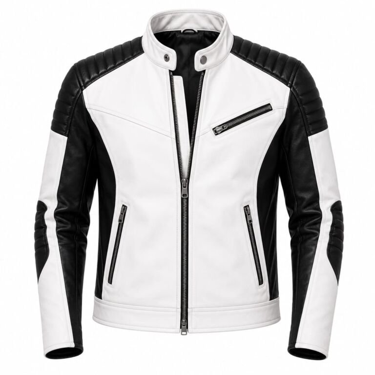 Black and White Men's Leather Motorcycle Jacket with Stand Collar, Quilted Shoulders, Asymmetrical Chest Zip Pocket, Zippered Hand Pockets, and Slim Fit Design on White Studio Background
