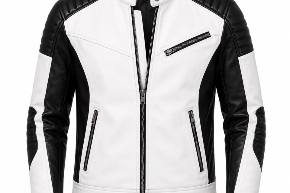 Black and White Men's Leather Motorcycle Jacket with Stand Collar, Quilted Shoulders, Asymmetrical Chest Zip Pocket, Zippered Hand Pockets, and Slim Fit Design on White Studio Background