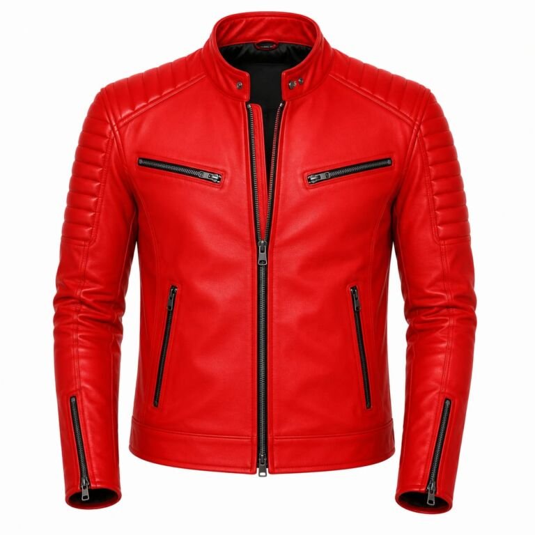 Men's Red Leather Biker Jacket with Stand Collar, Quilted Shoulders, Dual Chest Zip Pockets, Zippered Hand Pockets, Slim Fit Motorcycle Jacket on White Studio Background