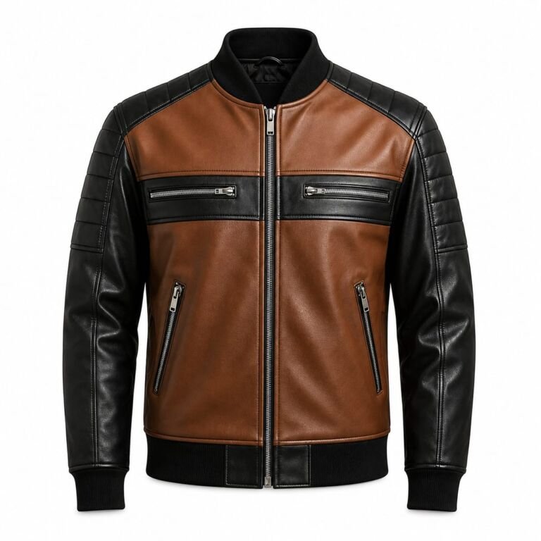 black and brown bomber leather jacket
