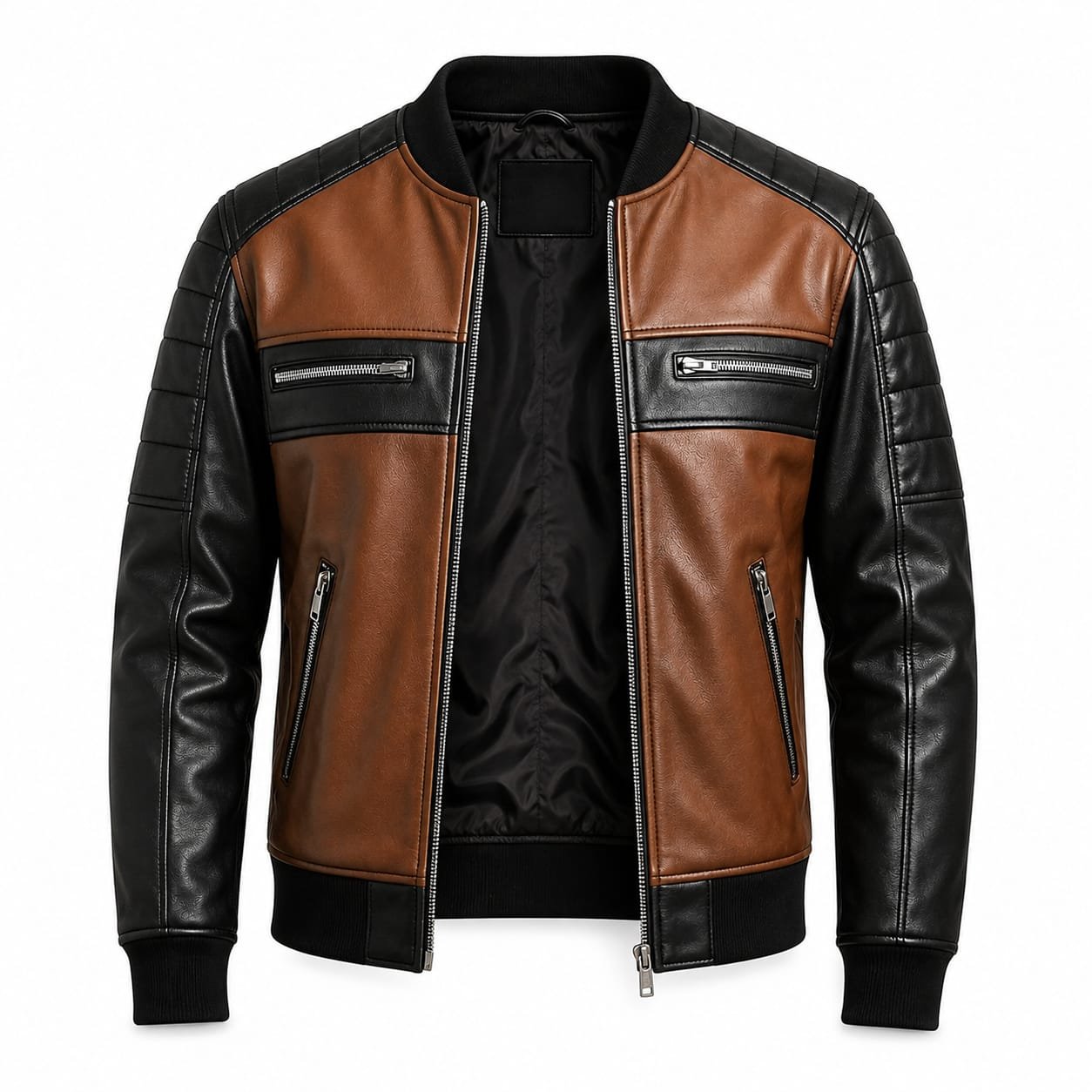 Men’s Two-Tone Brown & Black Leather Bomber Jacket - Image 4