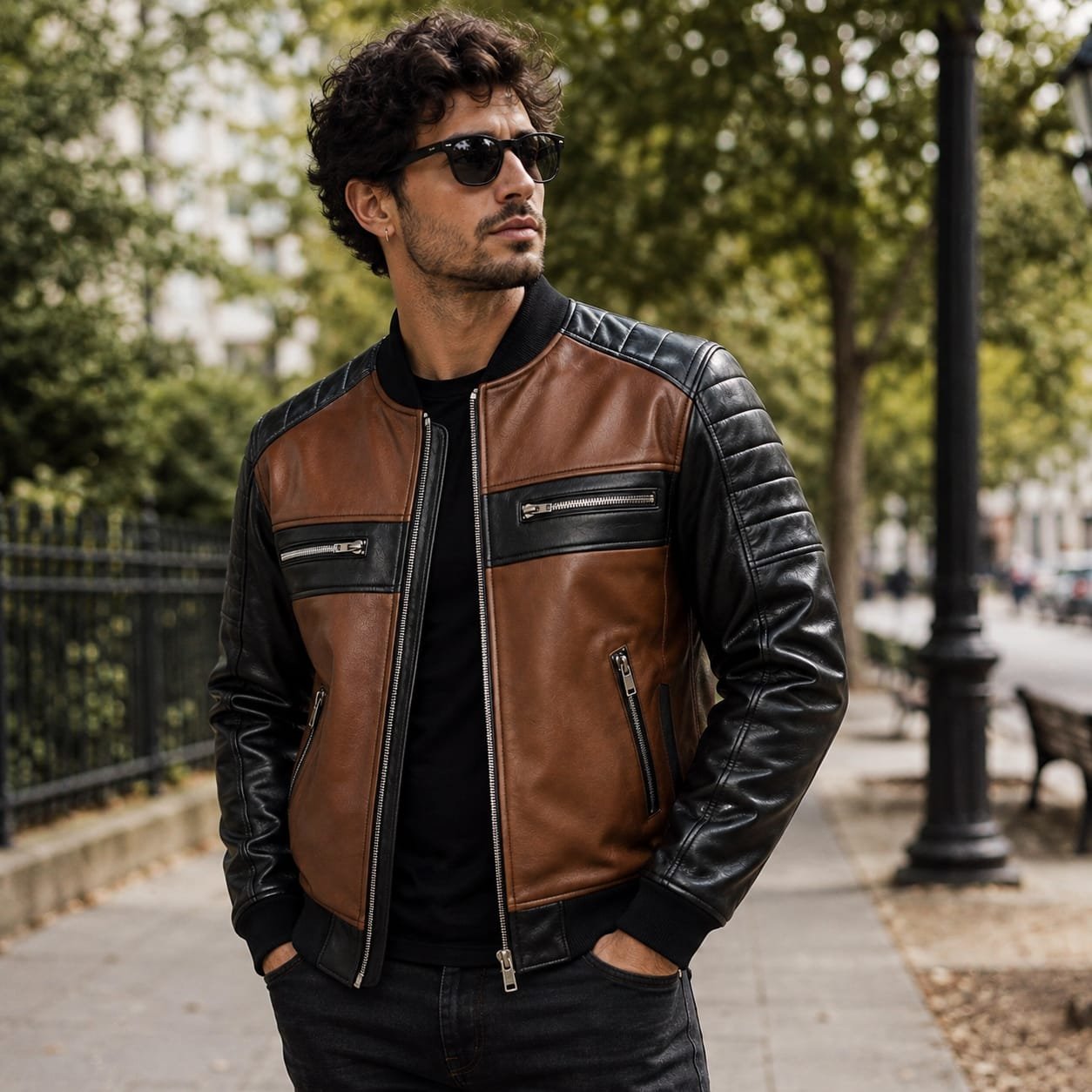 Men’s Two-Tone Brown & Black Leather Bomber Jacket - Image 5