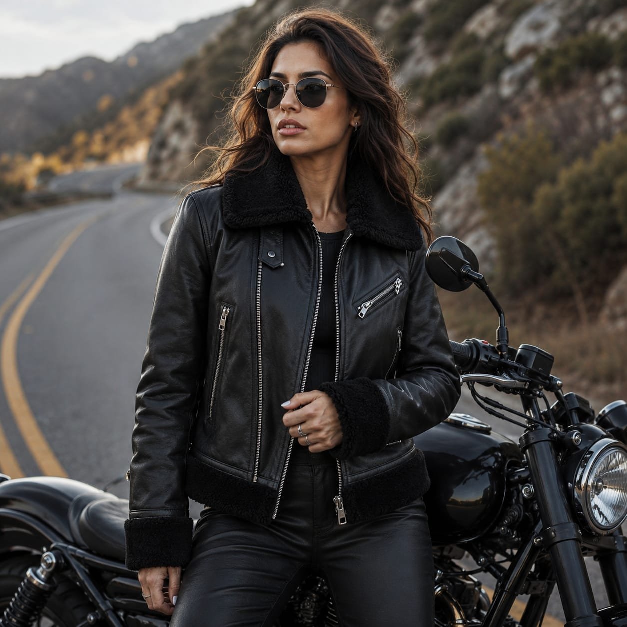 Premium Women Black Shearling Biker Leather Jacket – Export Quality - Image 4