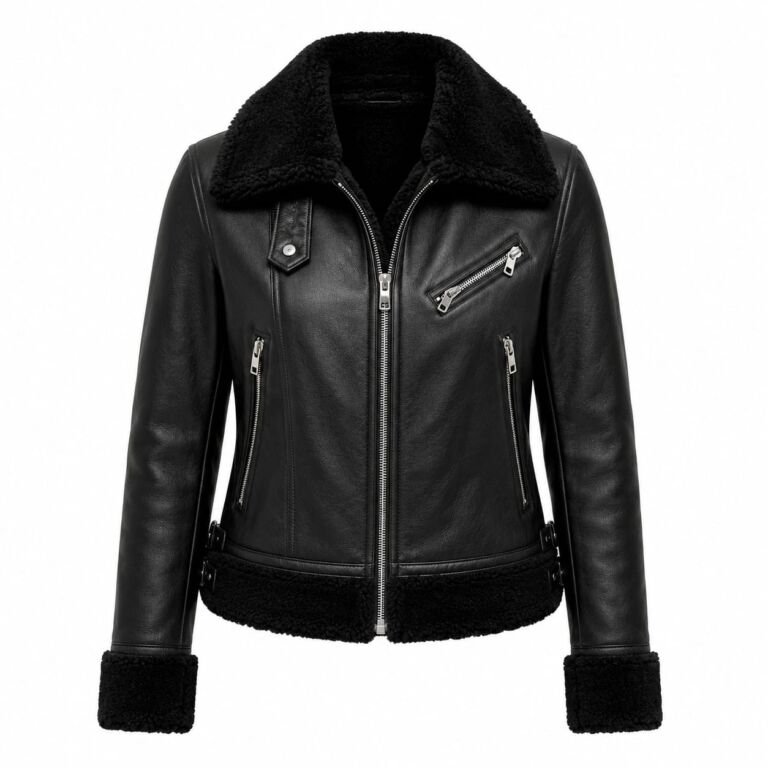 Women’s black shearling biker leather jacket with plush collar, cuffs, silver zippers, and black leather