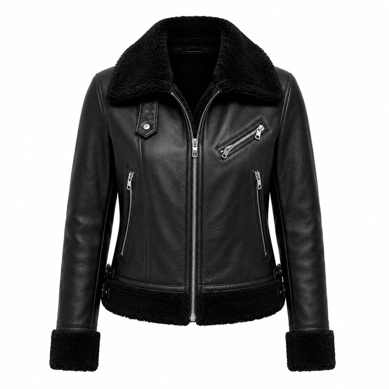 Women’s black shearling biker leather jacket with plush collar, cuffs, silver zippers, and black leather