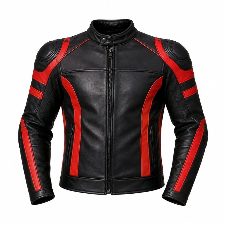 Black and red leather motorcycle jacket, front view, with padded shoulders and red racing panels