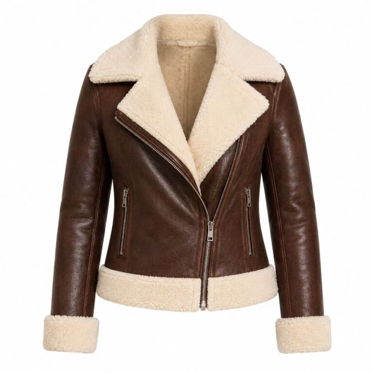 Women’s brown shearling leather jacket with white fur collar, cuffs, and hem, front view on a white background.