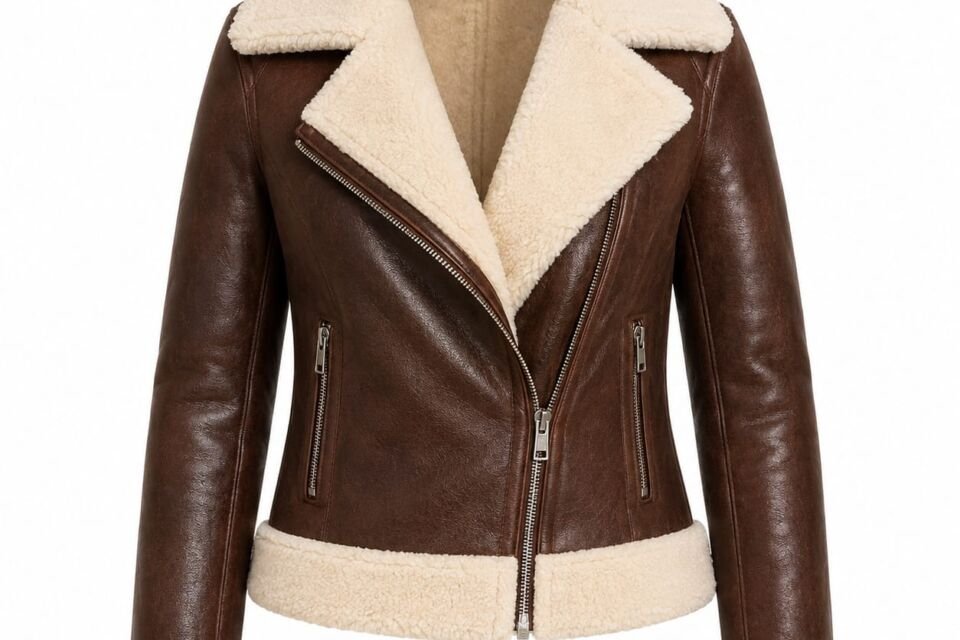 Women’s brown shearling leather jacket with white fur collar, cuffs, and hem, front view on a white background.