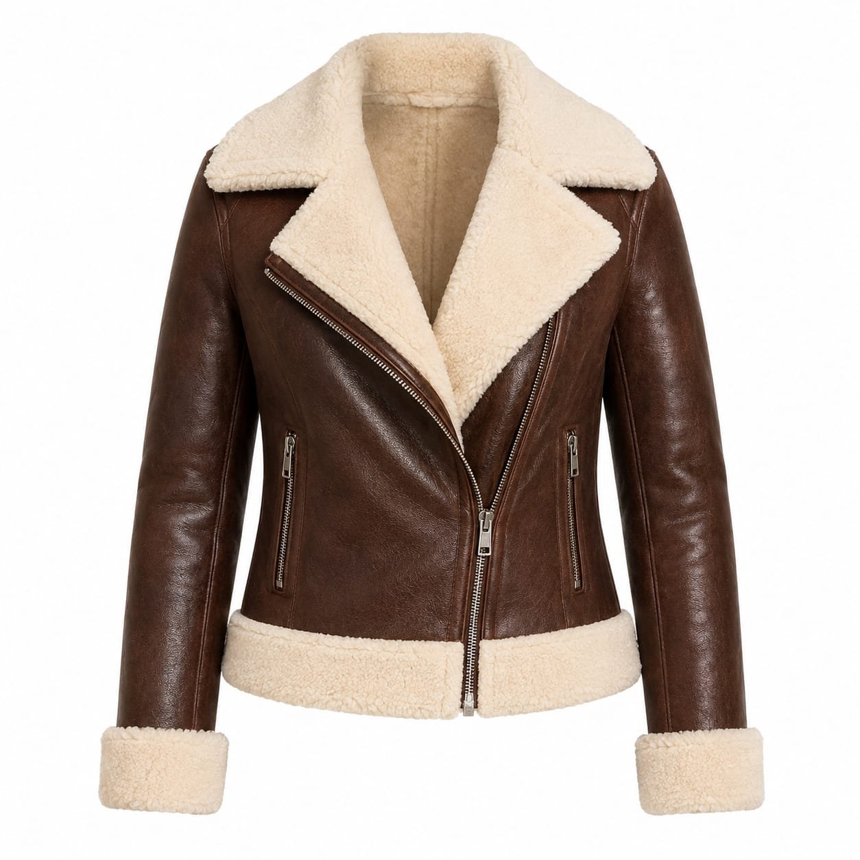 Women’s brown shearling leather jacket with white fur collar, cuffs, and hem, front view on a white background.