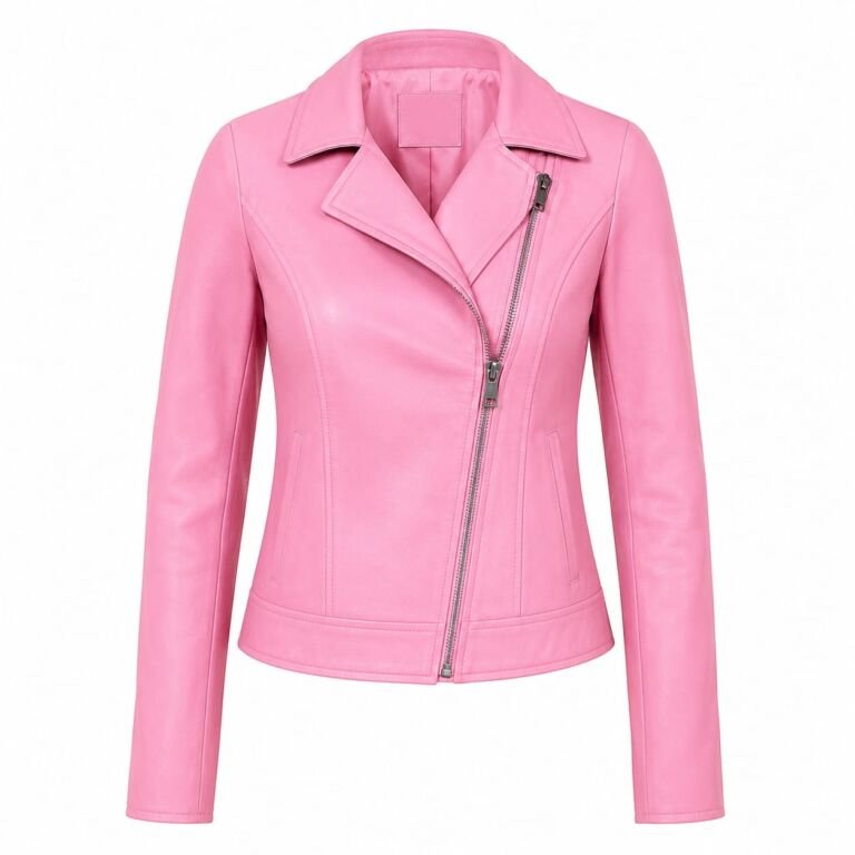 Women’s pink leather biker jacket with asymmetrical front zipper and tailored slim fit