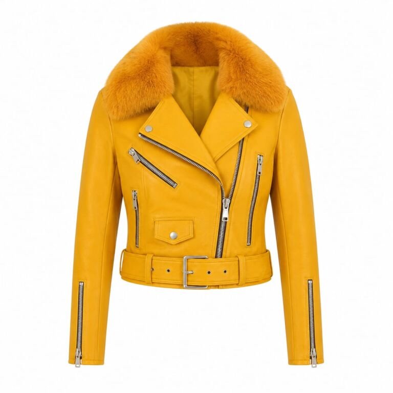 Women’s mustard yellow leather biker jacket