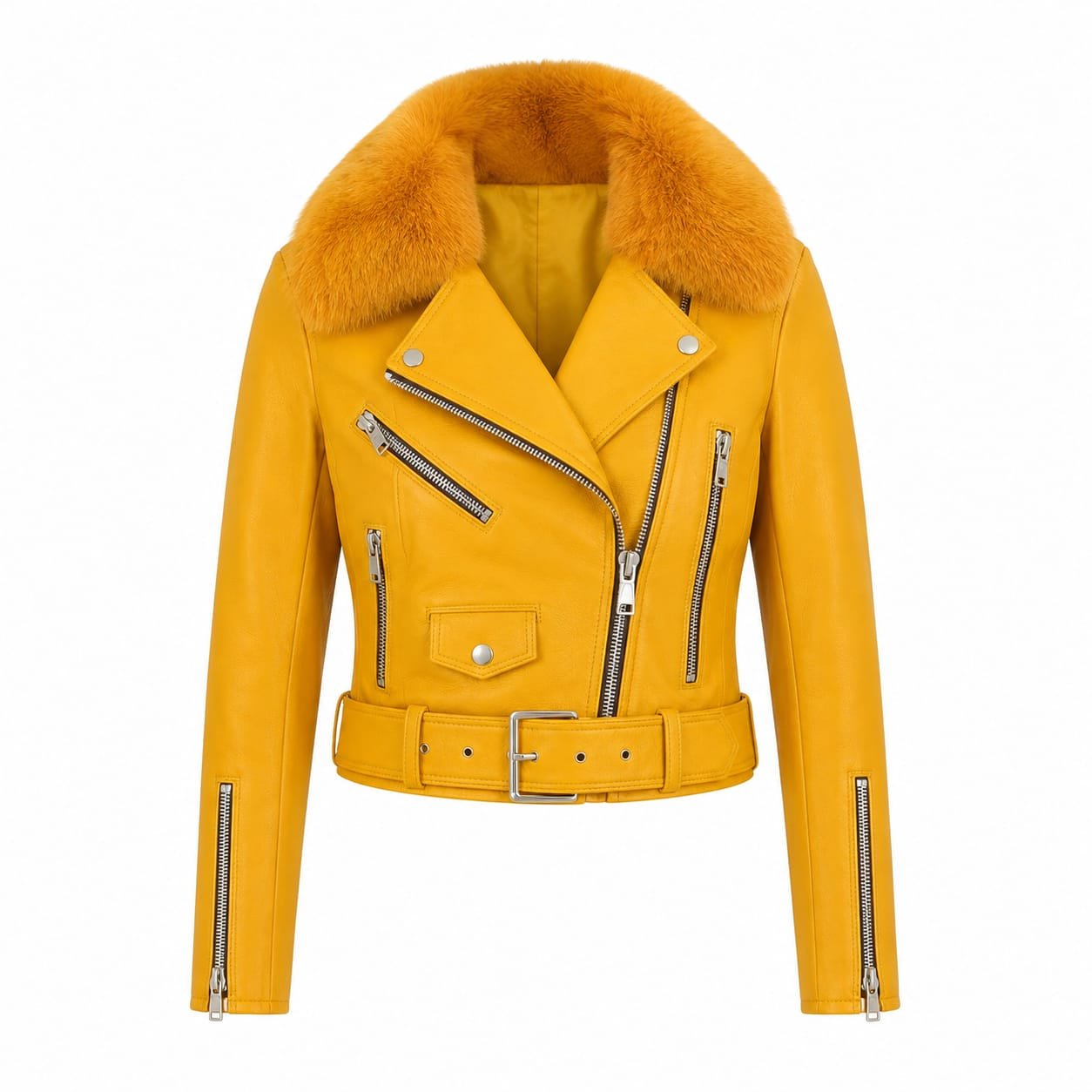 Women’s mustard yellow leather biker jacket